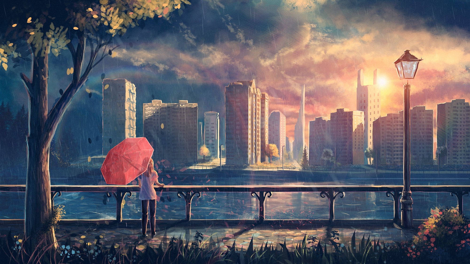 Artwork, Fantasy Art, Anime, Rain, City, Park, Umbrella - Anime Rainy City  Background - 2000x1125 Wallpaper 