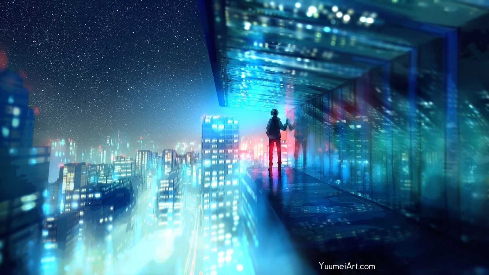 Anime City, Night, Buildings, Cityscape, Boy - Yuumei Art - HD Wallpaper 