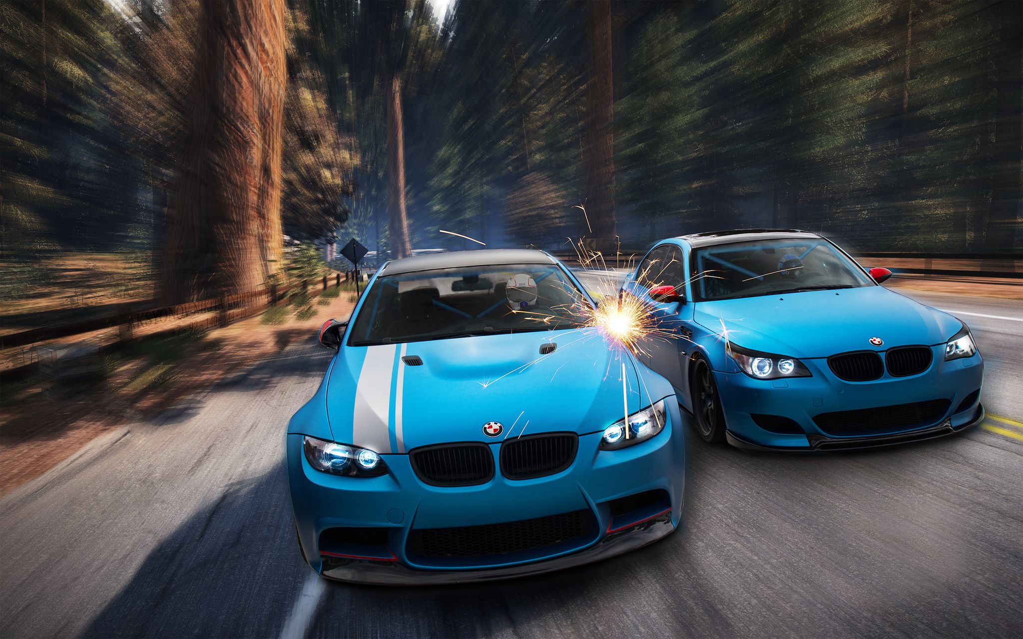 Wallpaper Of Bmw M3 E92 И M5 E60, Blue, Лес, Искры - Bmw M3 E92 Bmw M5 E60 - HD Wallpaper 
