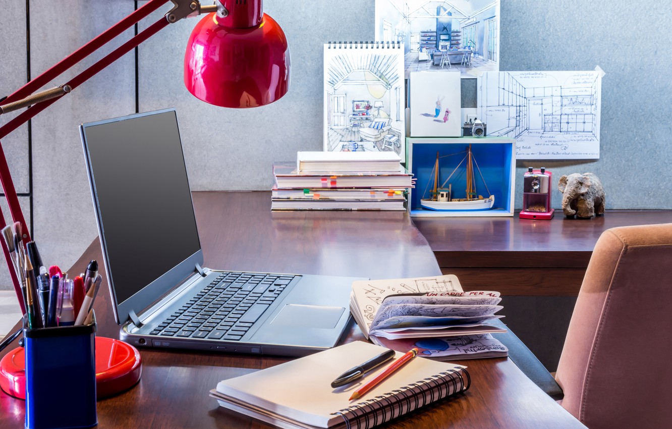 Photo Wallpaper Design, Style, Wall, Books, Desk, Lamp, - Ноутбук На Столе Красивые Фото - HD Wallpaper 