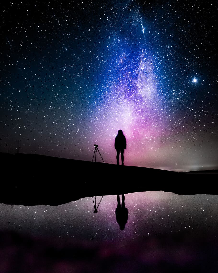 Silhouette Of Person, Lake, Sky, Star, Reflection, - Universe Person - HD Wallpaper 