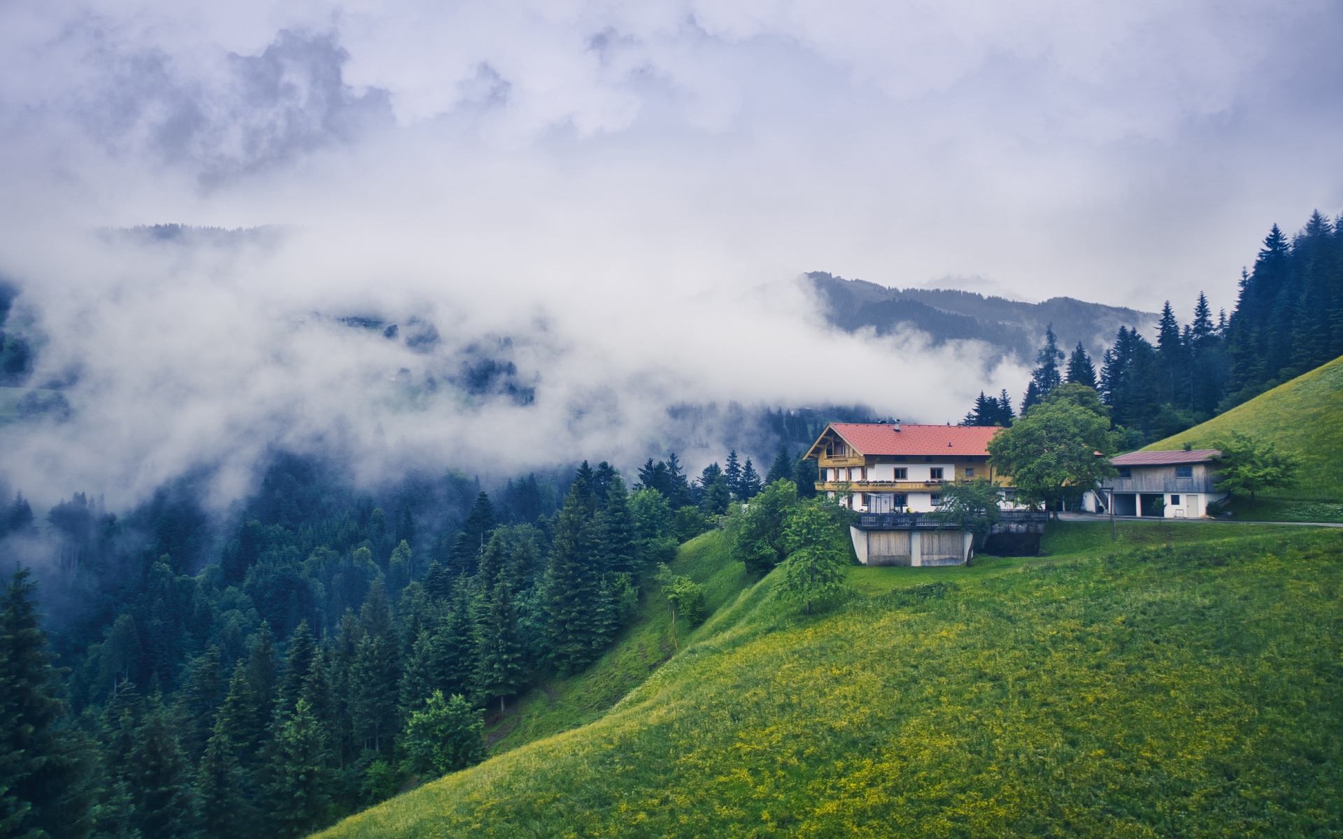 Wallpaper Mountains, House, Clouds, Nature, Landscape - Nature Landscape Hd - HD Wallpaper 