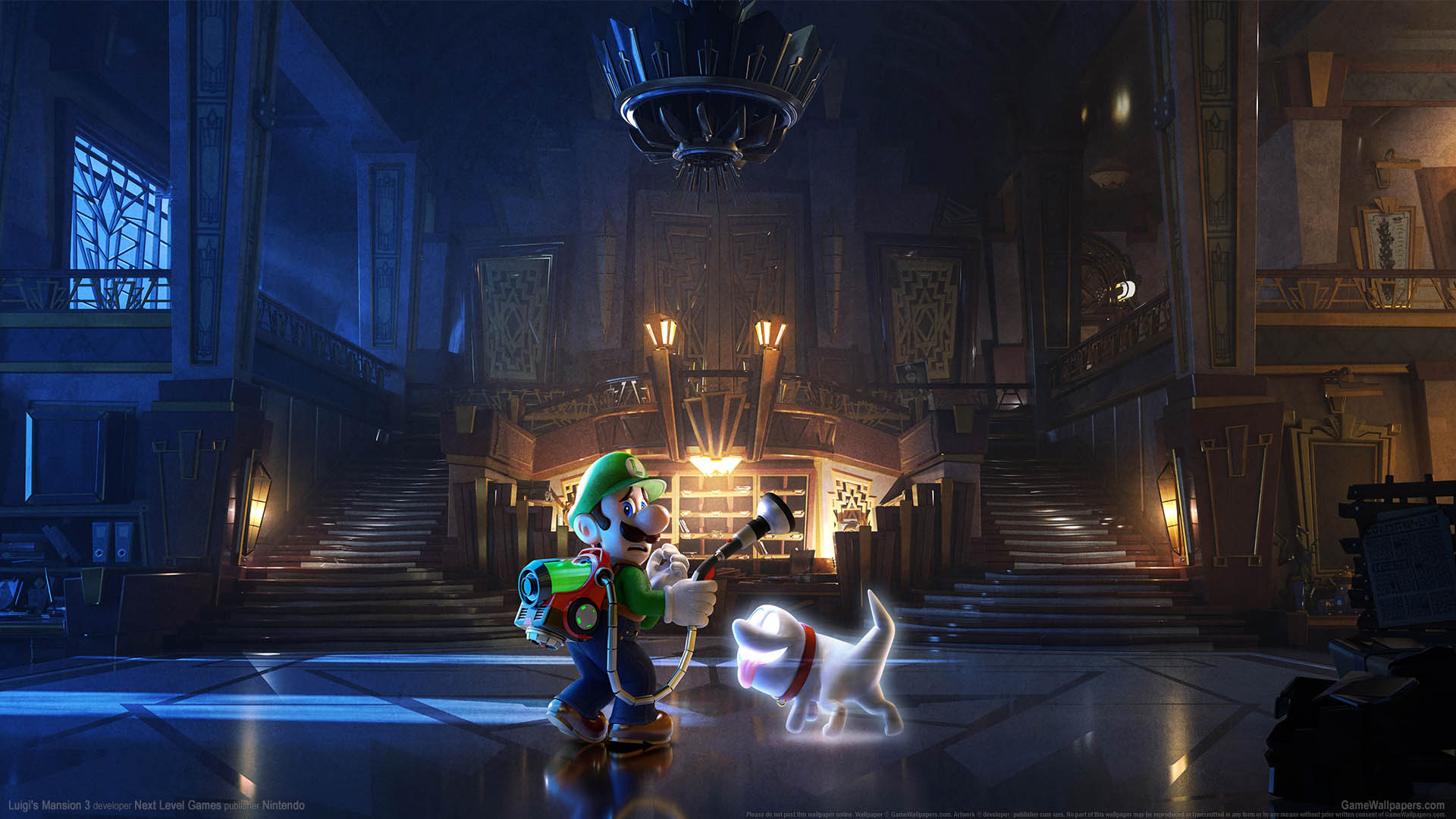 Featured image of post Luigi s Mansion Wallpaper 4K Luigi inside the lobby on the first second floor during daylight with ghosts disguised as humans at work