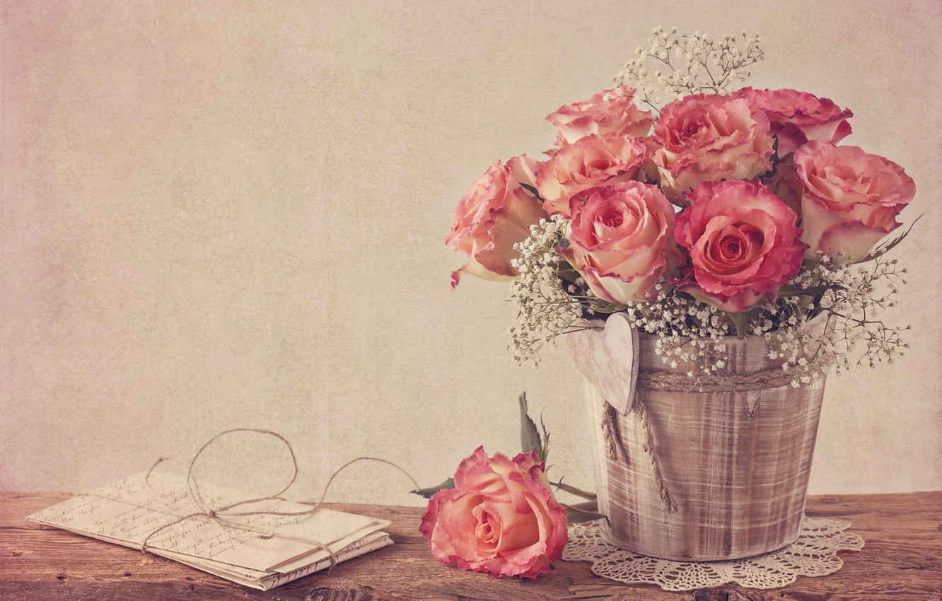 Photo Wallpaper Roses, Rose, Vintage, Flower, Style, - Cute Vintage Wallpaper Desktop - HD Wallpaper 
