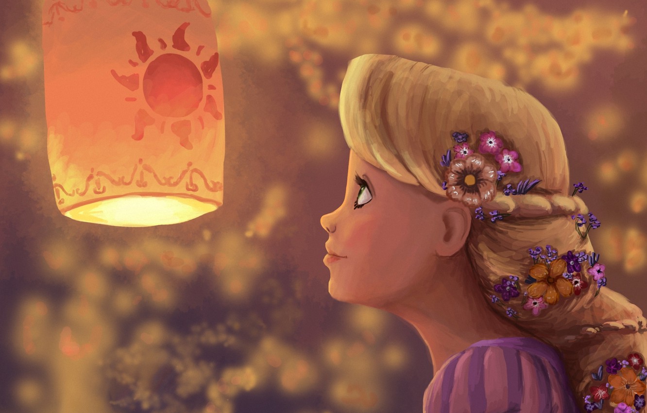 Photo Wallpaper Girl, Flowers, Art, Flashlight, Profile, - Rapunzel Hd - HD Wallpaper 