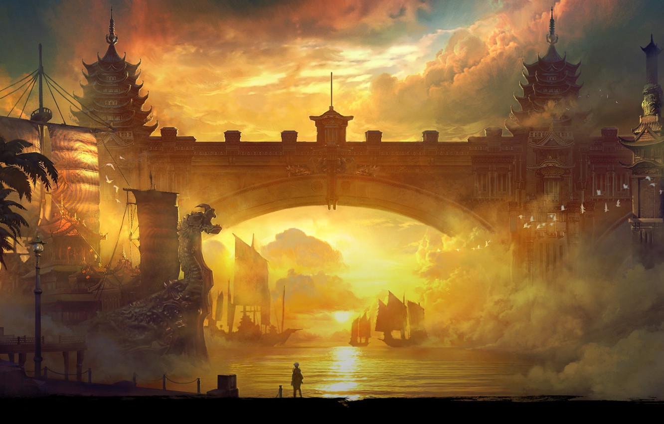 Photo Wallpaper Sunset, Bridge, Ships, Blade & Soul - Blade And Soul - HD Wallpaper 