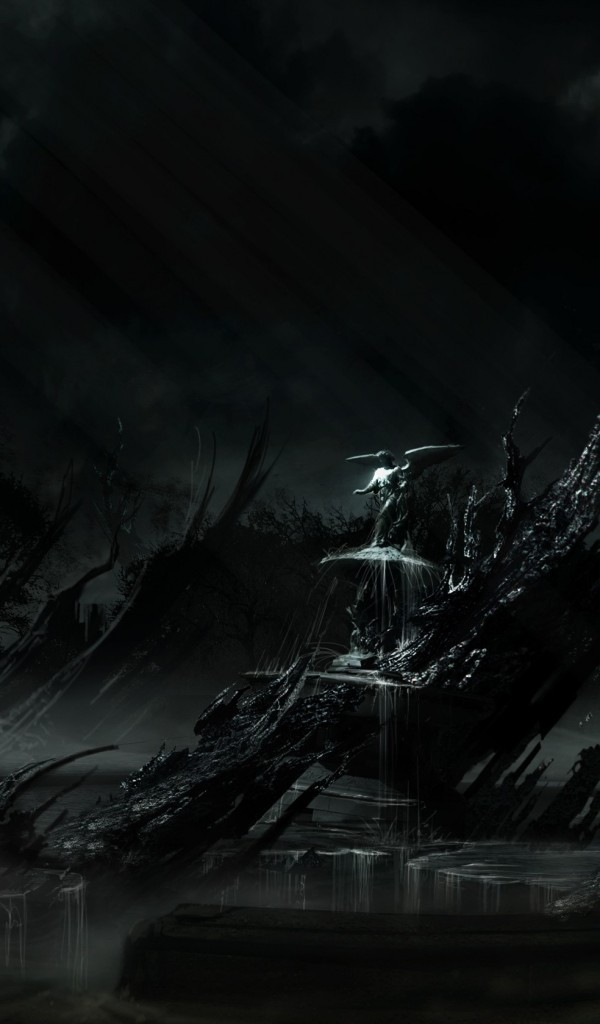 Dark Theme, Statue, Night, Lake, Fountain, Forest - Darkness - HD Wallpaper 