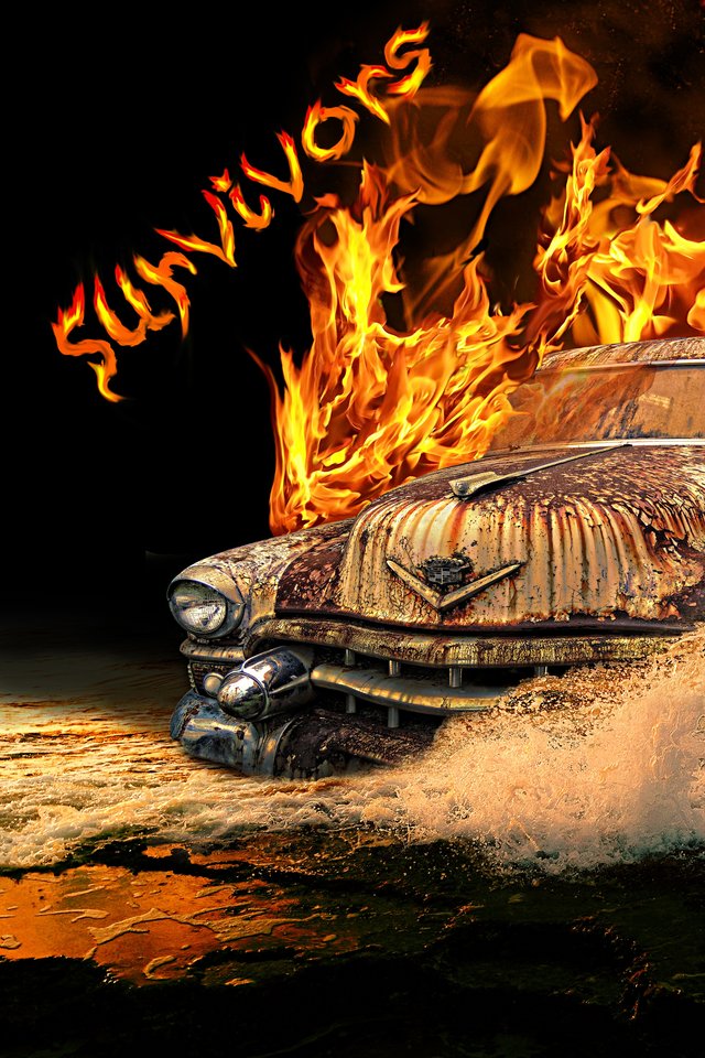 Photoshop, Car, Water, Waves, Fire, Flames, Old - Free Fire Car - HD Wallpaper 