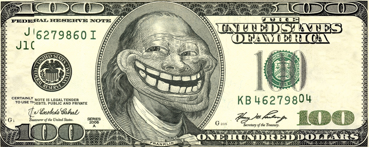 Fedral Reserve Note J6279860 I J10 Kb 46279804 Certainly - 100 Dollar Bill Troll Face - HD Wallpaper 
