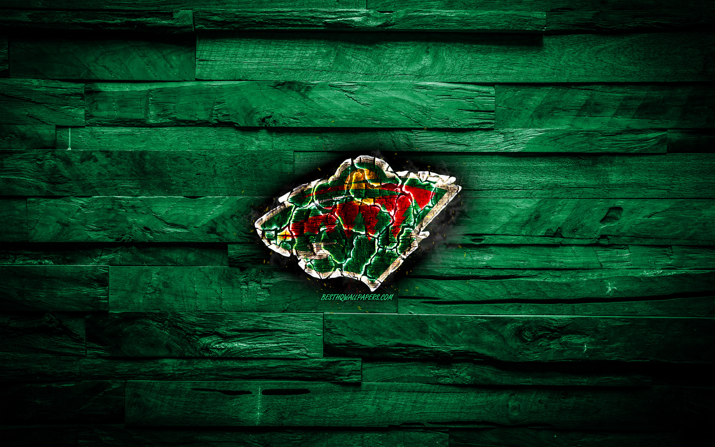 Minnesota Wild, Fiery Logo, Nhl, Green Wooden Background, - Wood Background - HD Wallpaper 