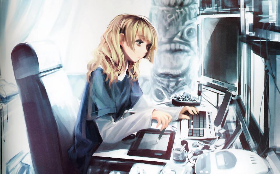Anime Girl With Computer Wallpaper,anime Hd Wallpaper,girl - Computer Girl Anime - HD Wallpaper 