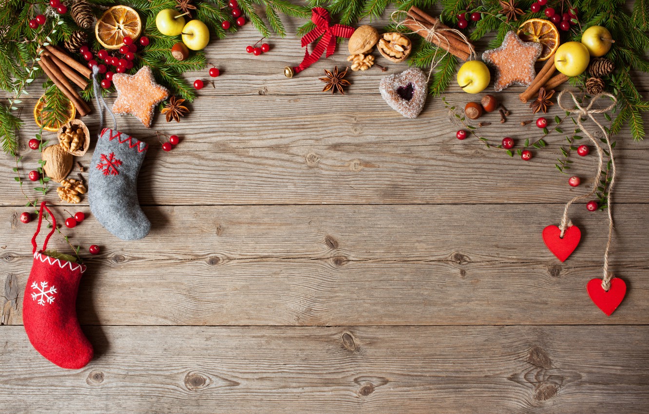 Photo Wallpaper Decoration, Berries, Tree, New Year, - Wood Background Christmas - HD Wallpaper 