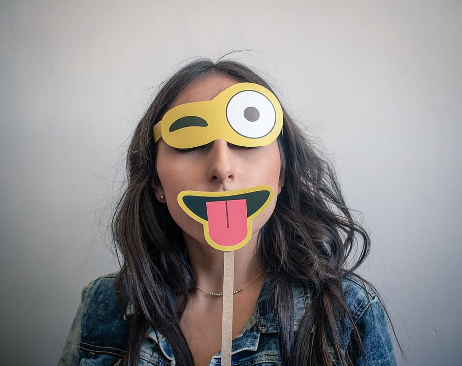 Woman Wearing Blue Denim Top, Emoji, Fake, Mask, Portrait, - Emoji - HD Wallpaper 