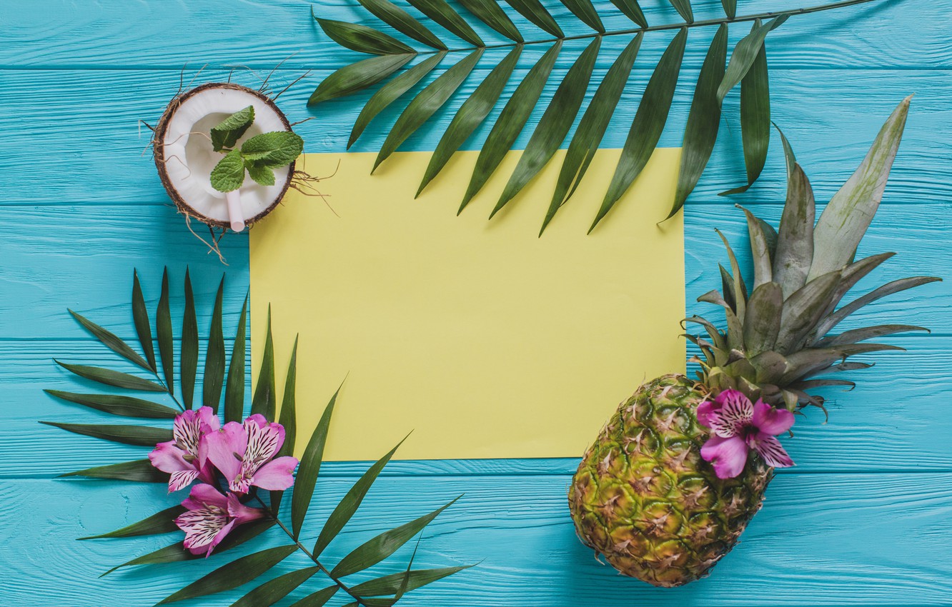 Photo Wallpaper Leaves, Flowers, Coconut, Pineapple, - Pineapple Coconut - HD Wallpaper 
