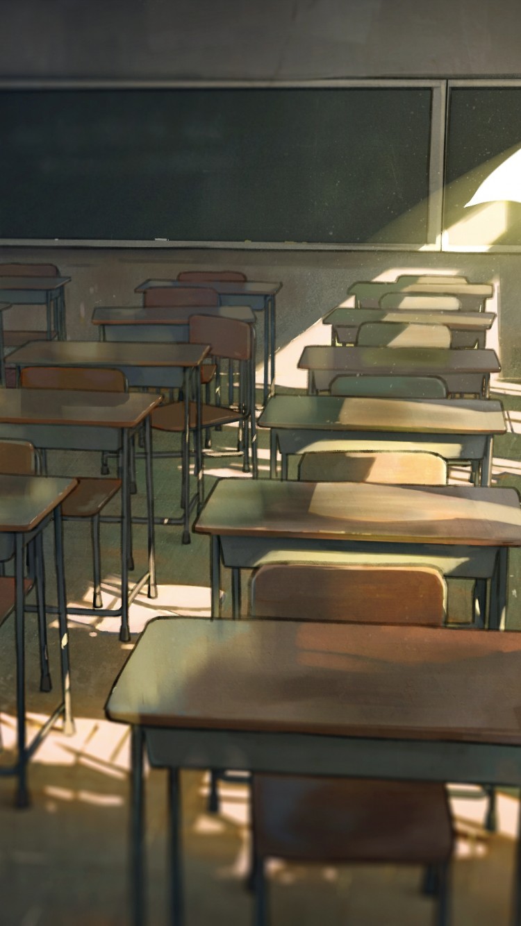 Anime School, Classroom, Desks, Wind, Lonely Boy - High School Classroom  Background - 750x1334 Wallpaper 