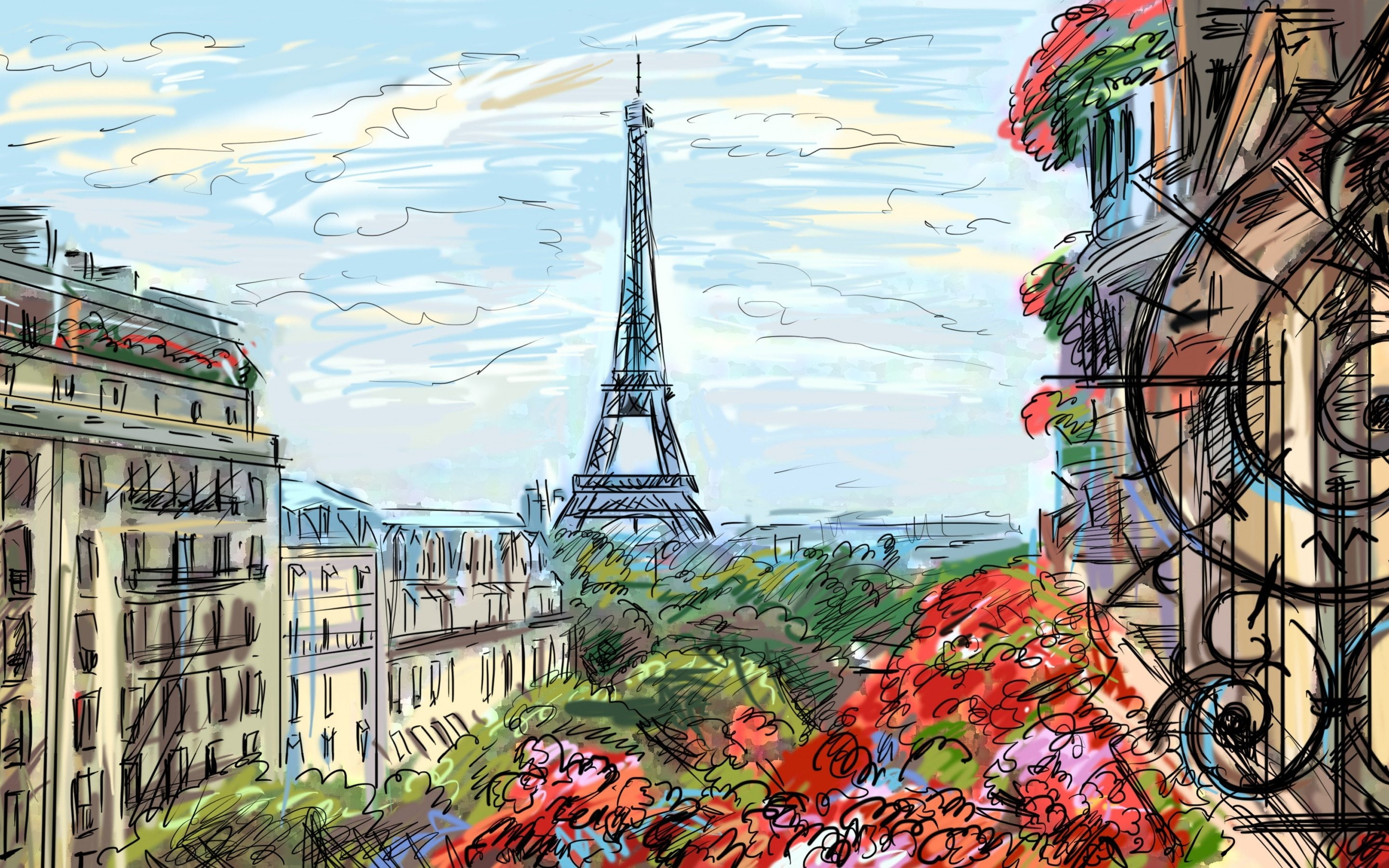 Beautiful Paintings Of Eiffel Tower - HD Wallpaper 