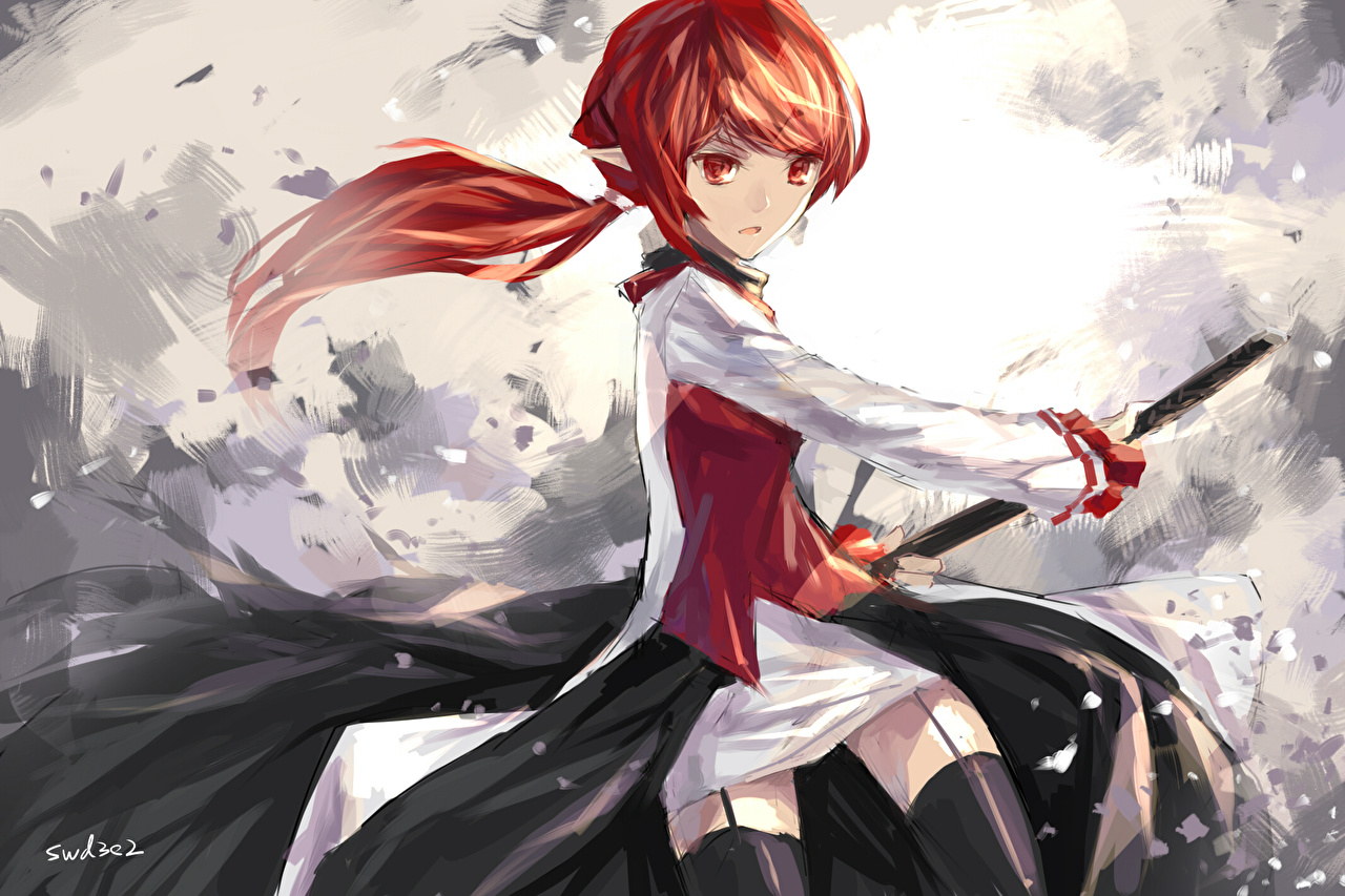 Red Hair Anime Girl With Ponytail - HD Wallpaper 