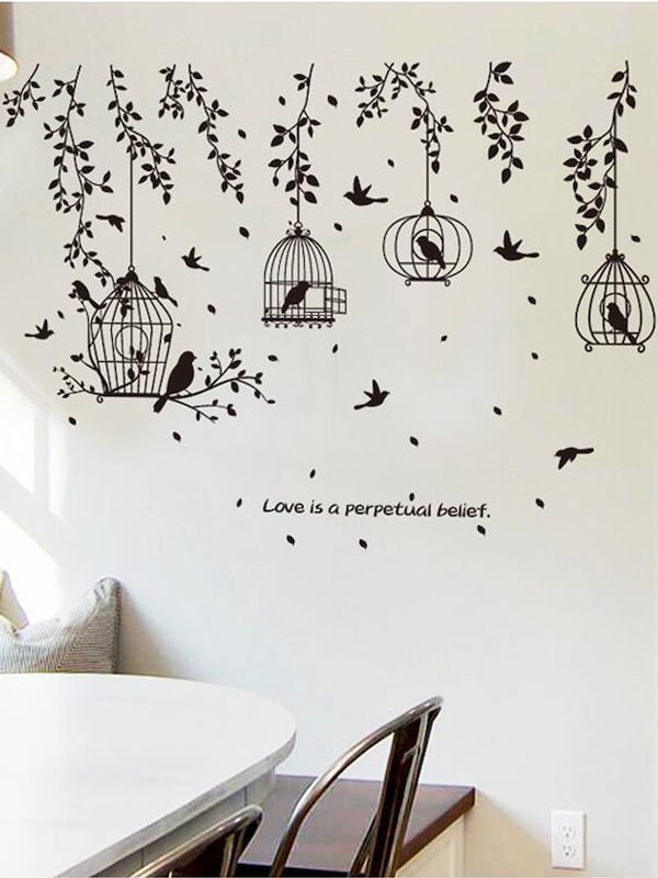 Pastoral Style Wall Stickers Cage Leaves Silhouette - Tree Branches Painting On Wall - HD Wallpaper 