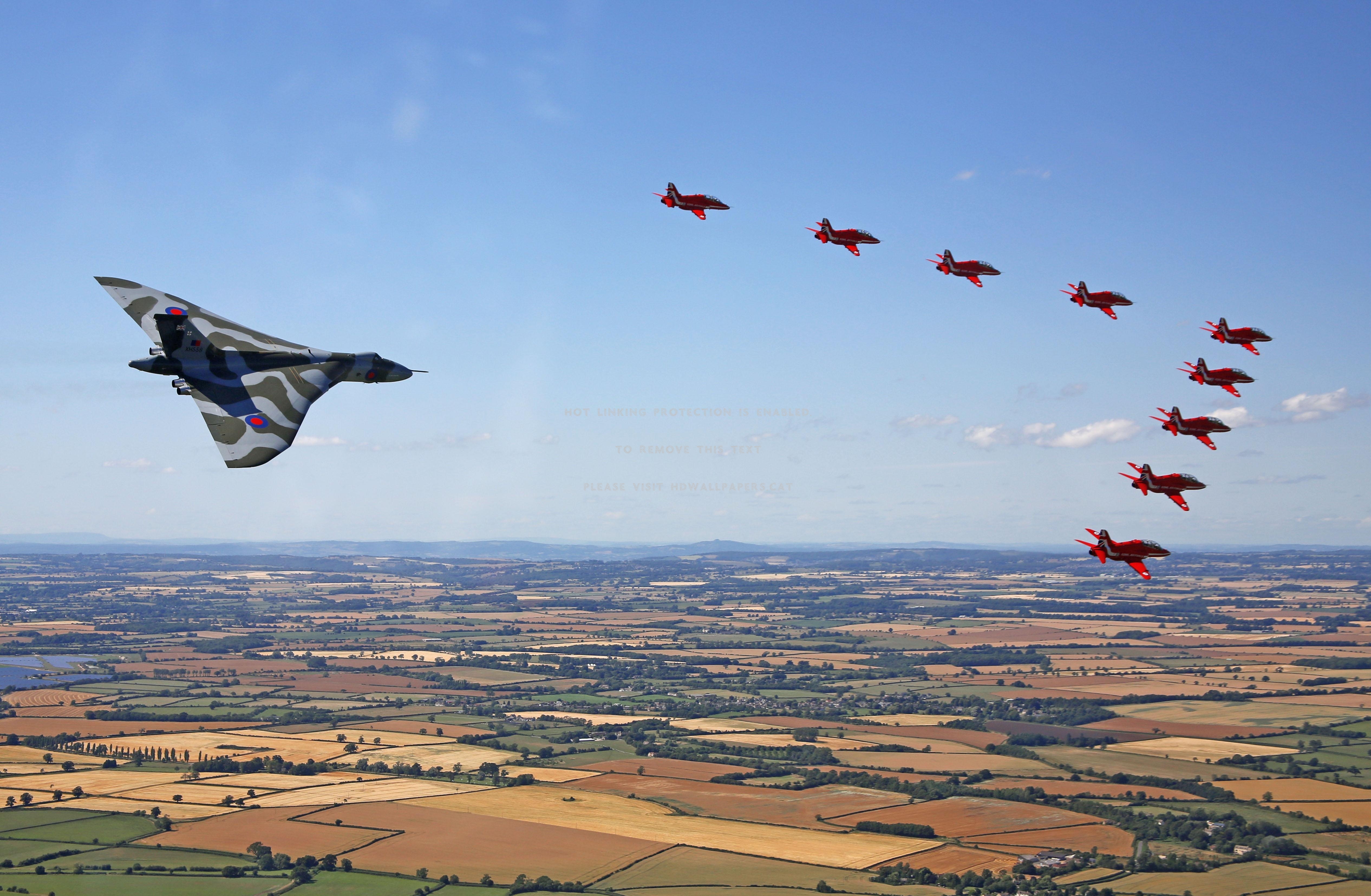 Red Arrows And Vulcan Raf Fly Over Aircraft - Vulcan Air Tattoo - HD Wallpaper 