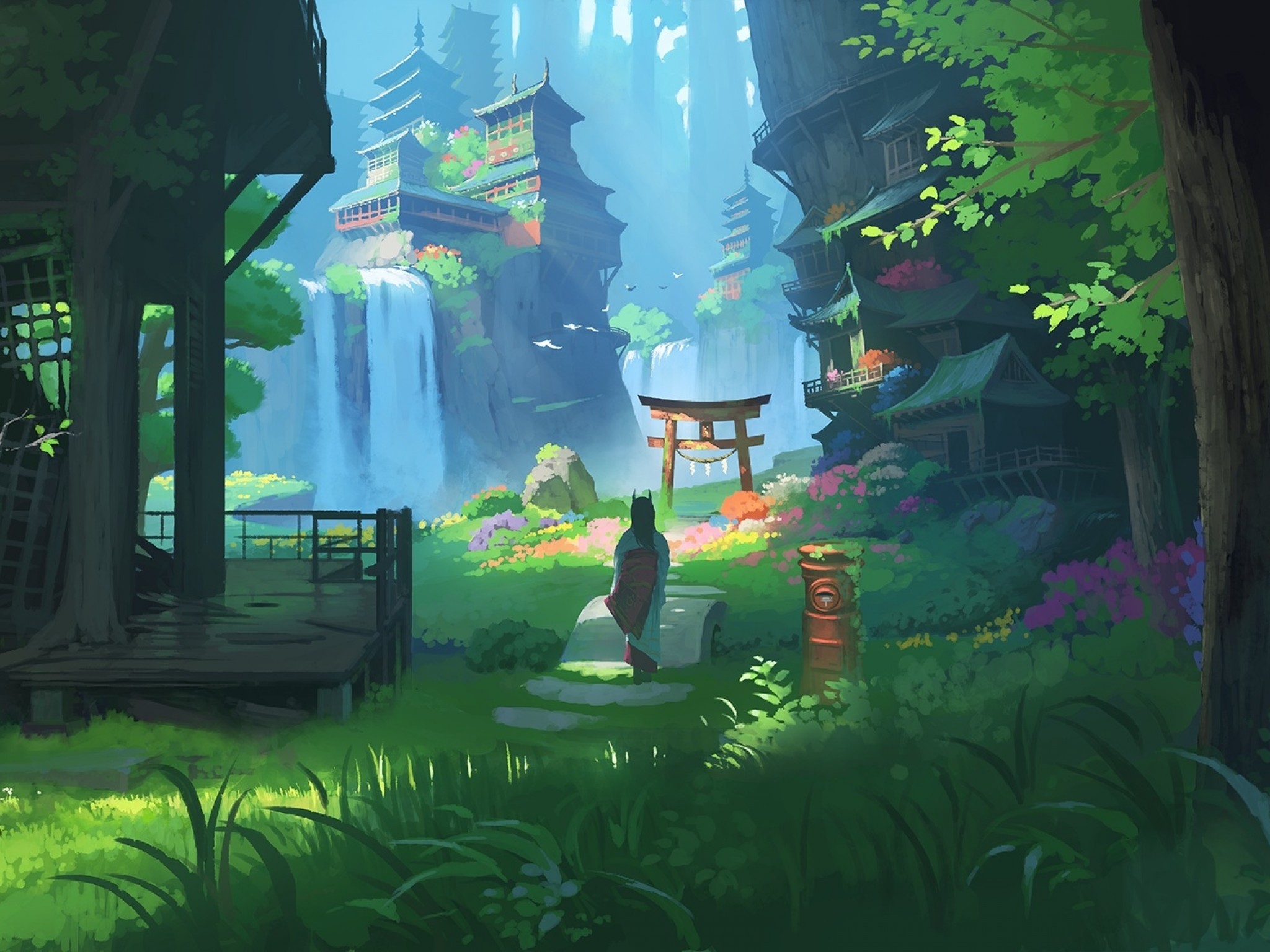 Anime Landscape, Waterfall, Fantasy, Asian Buildings, - Japanese Anime  Landscape - 2048x1536 Wallpaper 