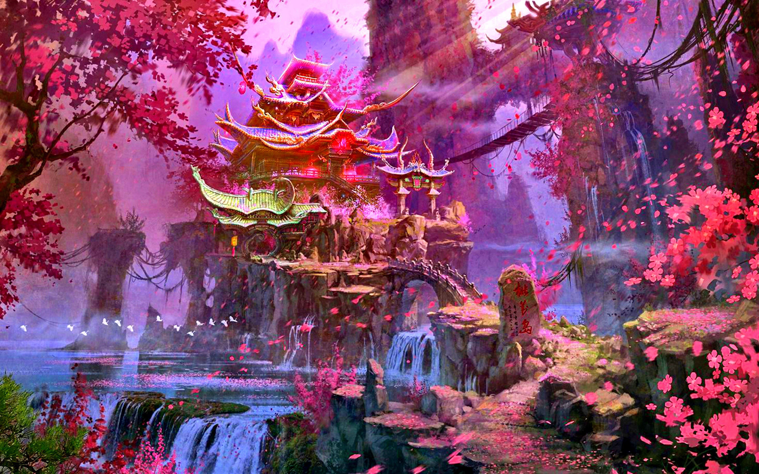 Forces Of Nature Japan Mountains Trees Blossoms Castle - Digital Art Wallpaper Japan - HD Wallpaper 