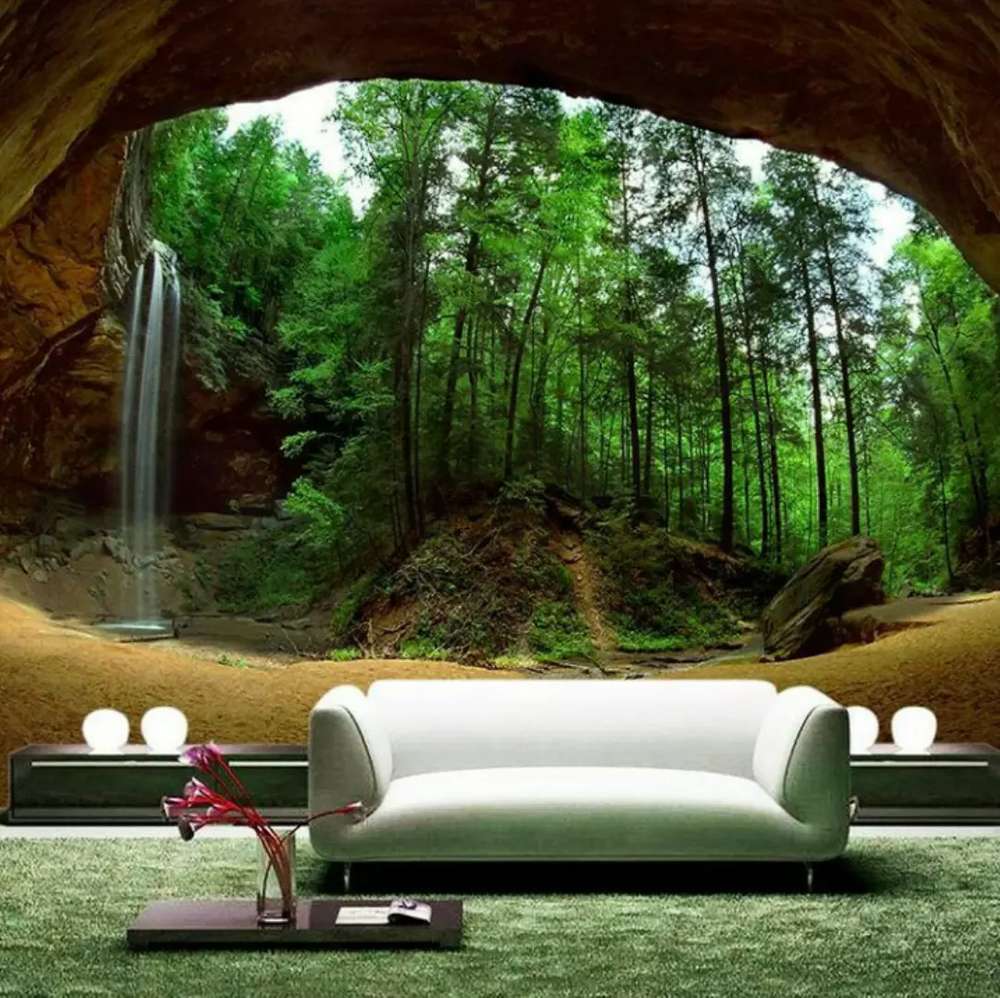 Wallpaper Dinding Custom 3d Nature Seri 2 - Cave With Waterfall Hd - HD Wallpaper 