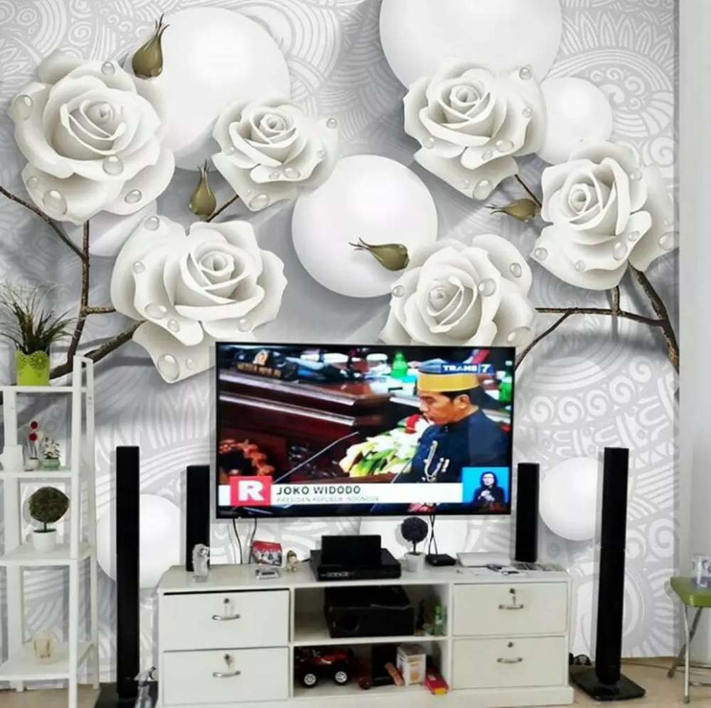 Wallpaper Dinding Custom 3d White Flower - Living Room - HD Wallpaper 