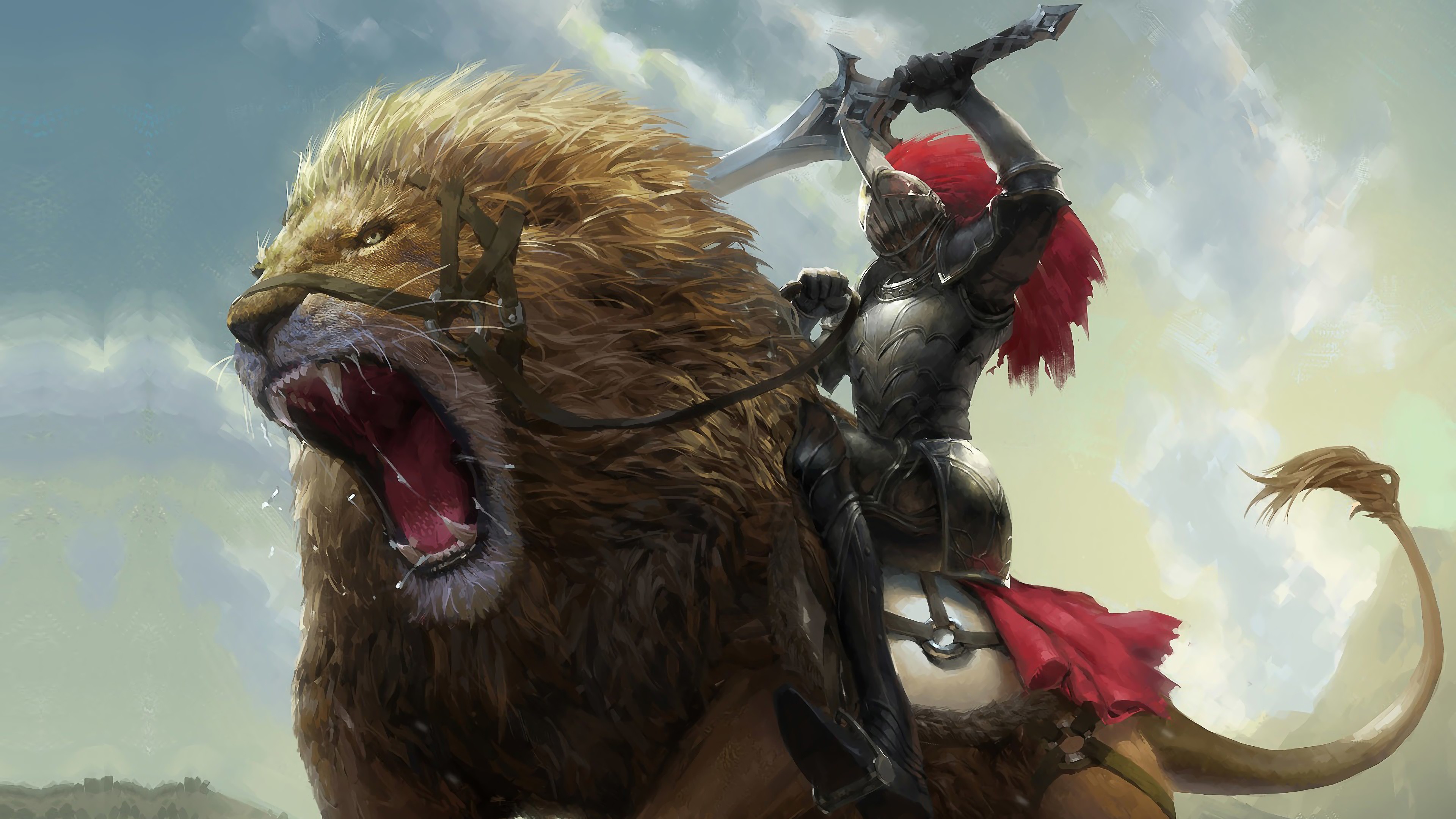 Lion, Roar, Knight, Fantasy, 4k, 3840x2160, - Black Knight Art Fantasy - HD Wallpaper 