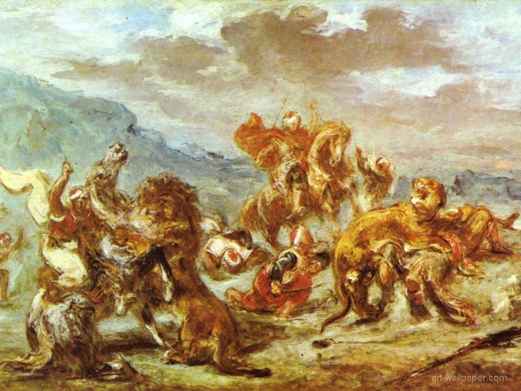 Artistic Wallpaper - Delacroix - Lion Hunting - Lion Hunt Eugene Delacroix - HD Wallpaper 