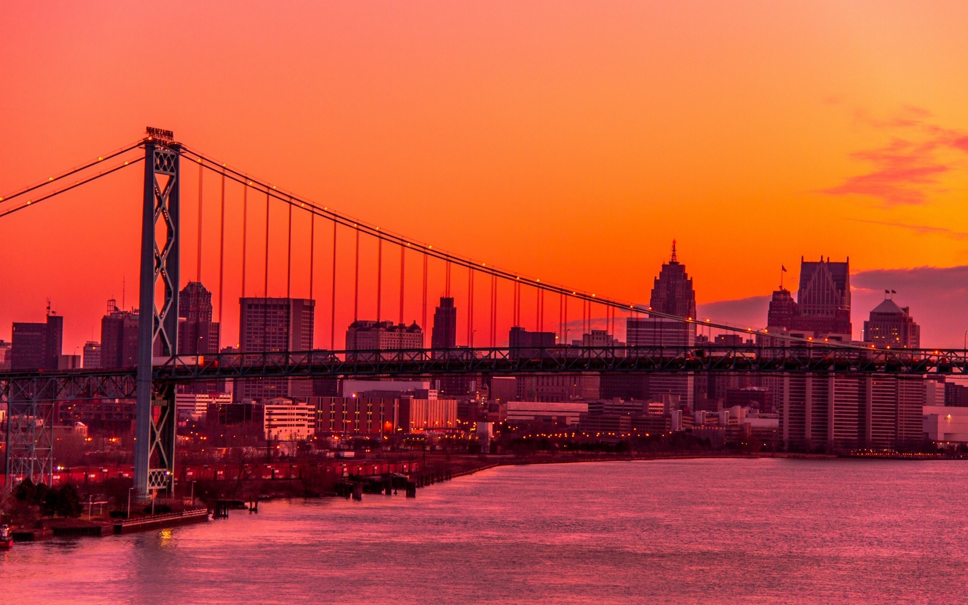 America Water Sunset City Bridge River Architecture - Detroit Skyline With Ambassador Bridge - HD Wallpaper 