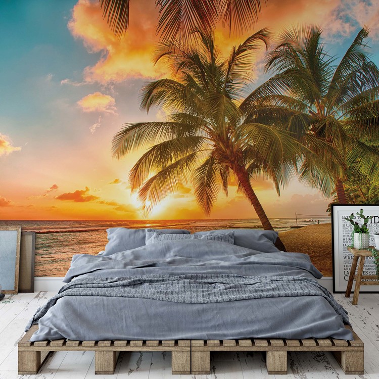 Tropical Beach Sunset Palm Trees Wallpaper Mural - Modern Forest Themed Bedroom - HD Wallpaper 