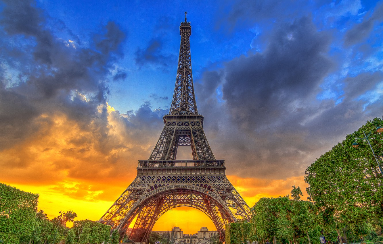 Photo Wallpaper The Sky, Trees, Sunset, France, Paris, - Eiffel Tower - HD Wallpaper 