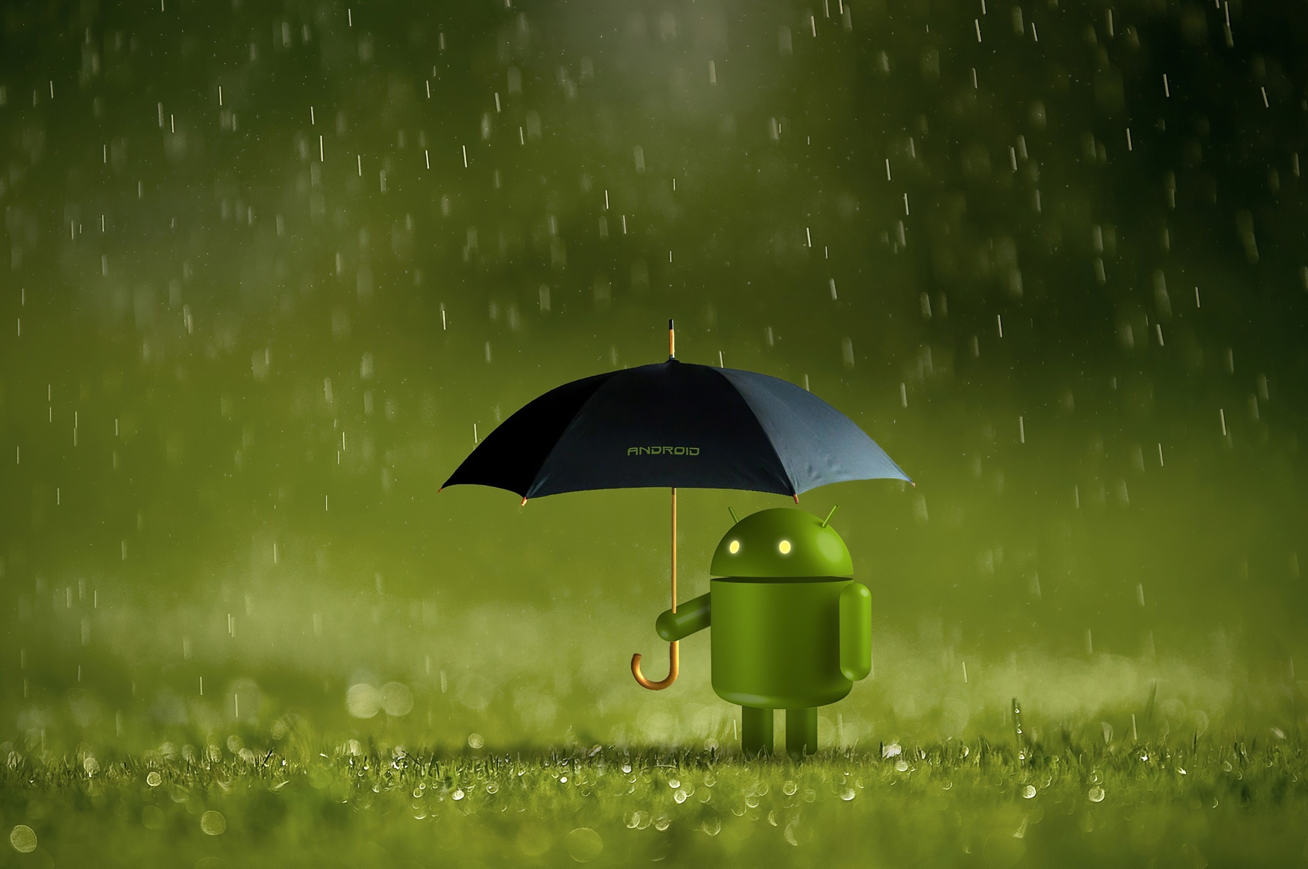 Android Doodle, Raining, Black Umbrella, Bokeh - Android 4k - HD Wallpaper 