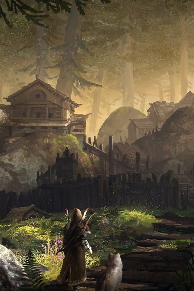 Iphone Wallpaper Forest, Village, Archer, Wolf, Art - Fantasy Forest Village - HD Wallpaper 