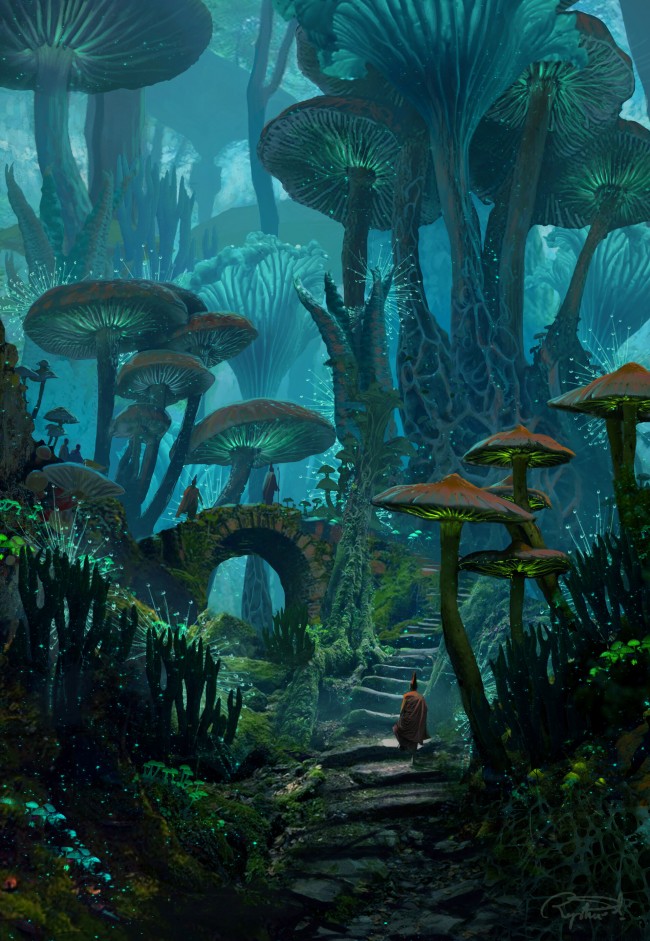 Fantasy Landscape, Forest, Giant Mushrooms, People - Raphael Lacoste - HD Wallpaper 