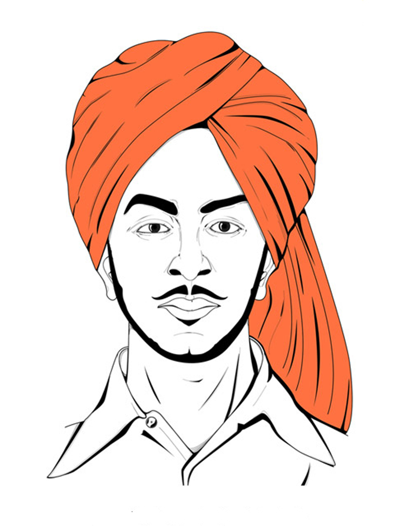 Saffron Turbon Bhagat Singh Sketch - Bhagat Singh Sketch Outline - HD Wallpaper 