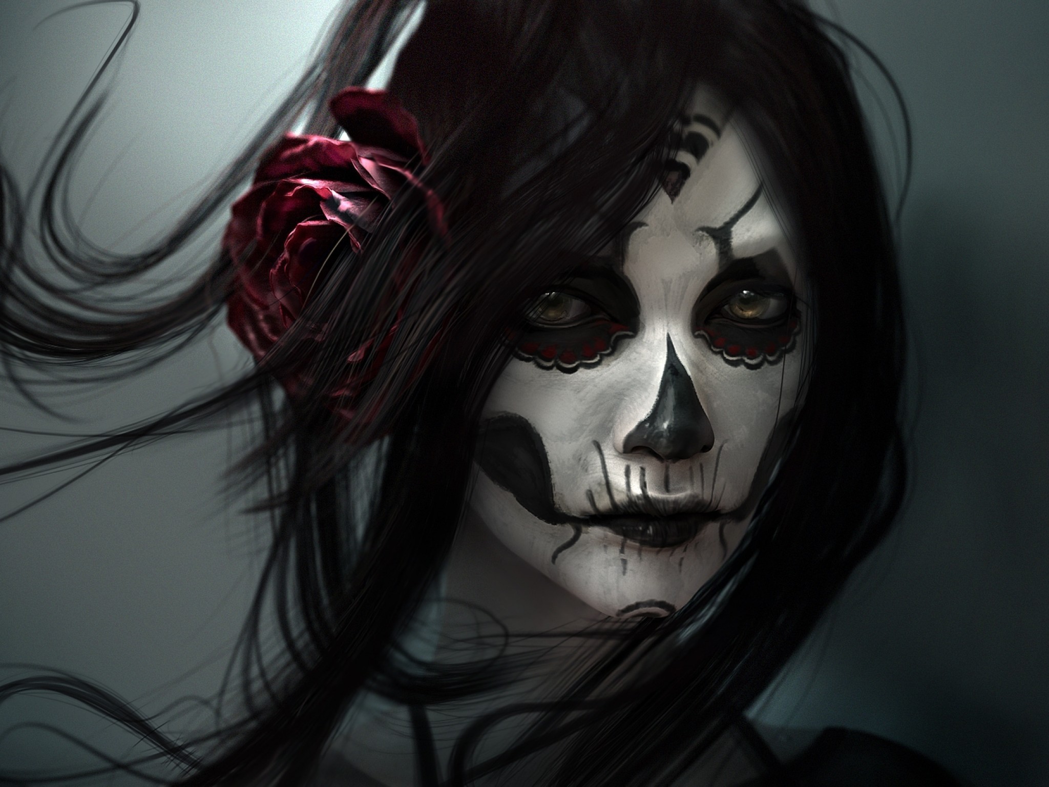 Fantasy Girl, Creepy Make-up, Rose, Black Hair, Gothic - Female Sugar Skull Painting - HD Wallpaper 