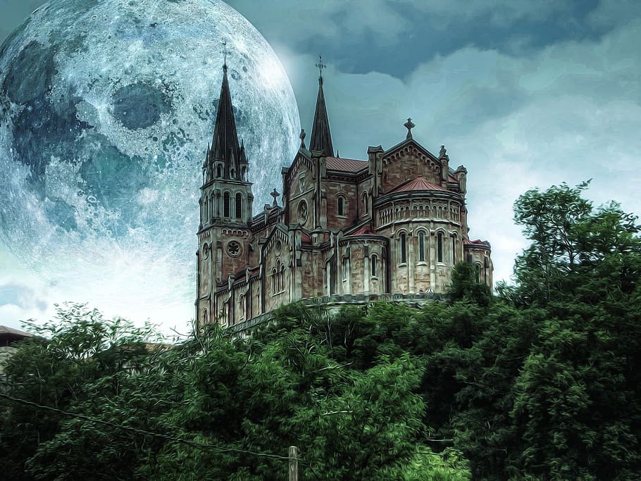 Cathedral On Mountain, Castle, Moon, Trees, Fantasy, - Basílica De Santa María La Real De Covadonga - HD Wallpaper 