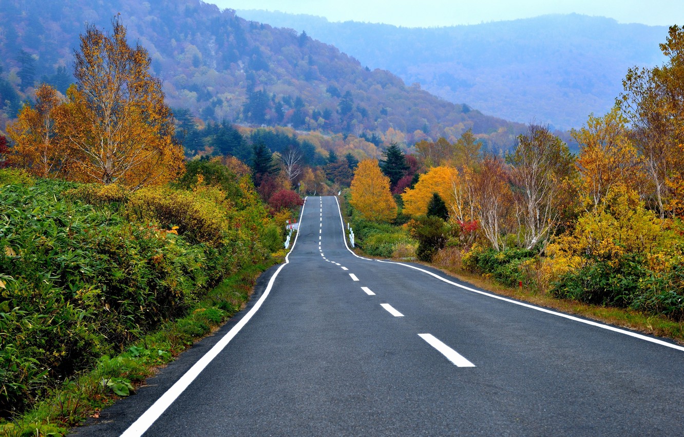 Photo Wallpaper Road, Autumn, Forest, Trees, Mountains, - Tapety Szosa Góry - HD Wallpaper 