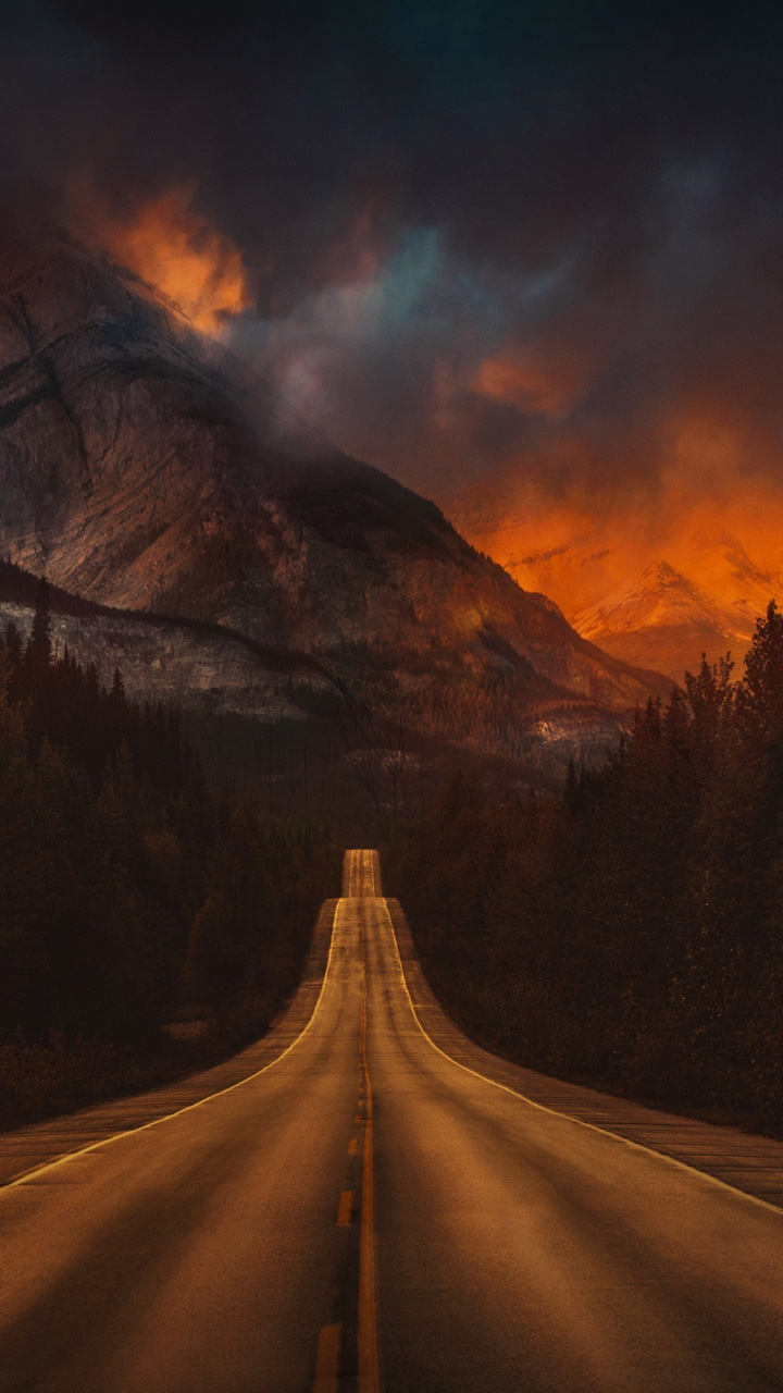 Long Road Clouds Sky Night Wallpaper - Road On Fire Hd - HD Wallpaper 