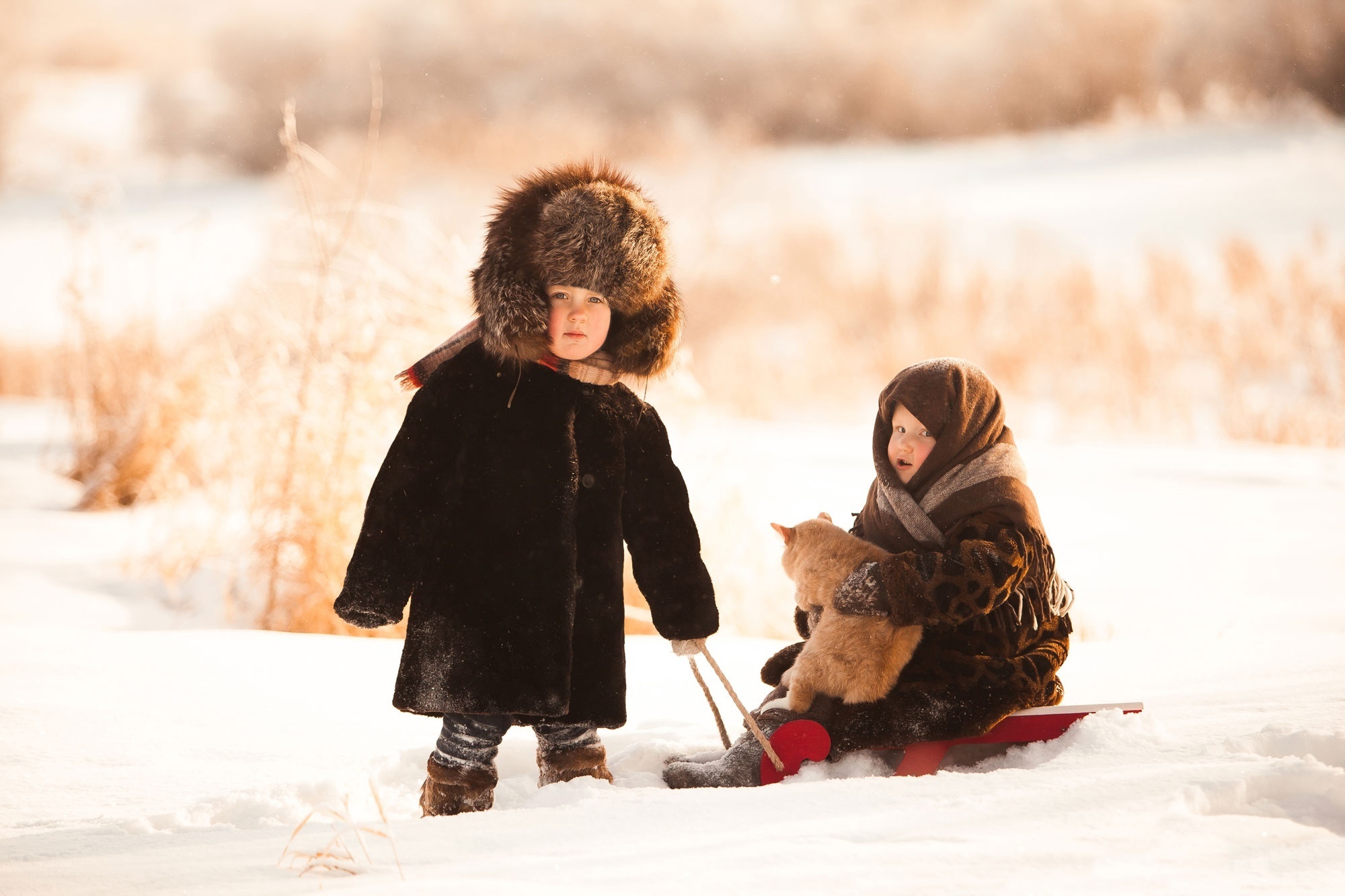Children, Kids, Boy, Girl, A Couple, Sled, Winter, - Kinder Im Winter Hintergrundbilder - HD Wallpaper 