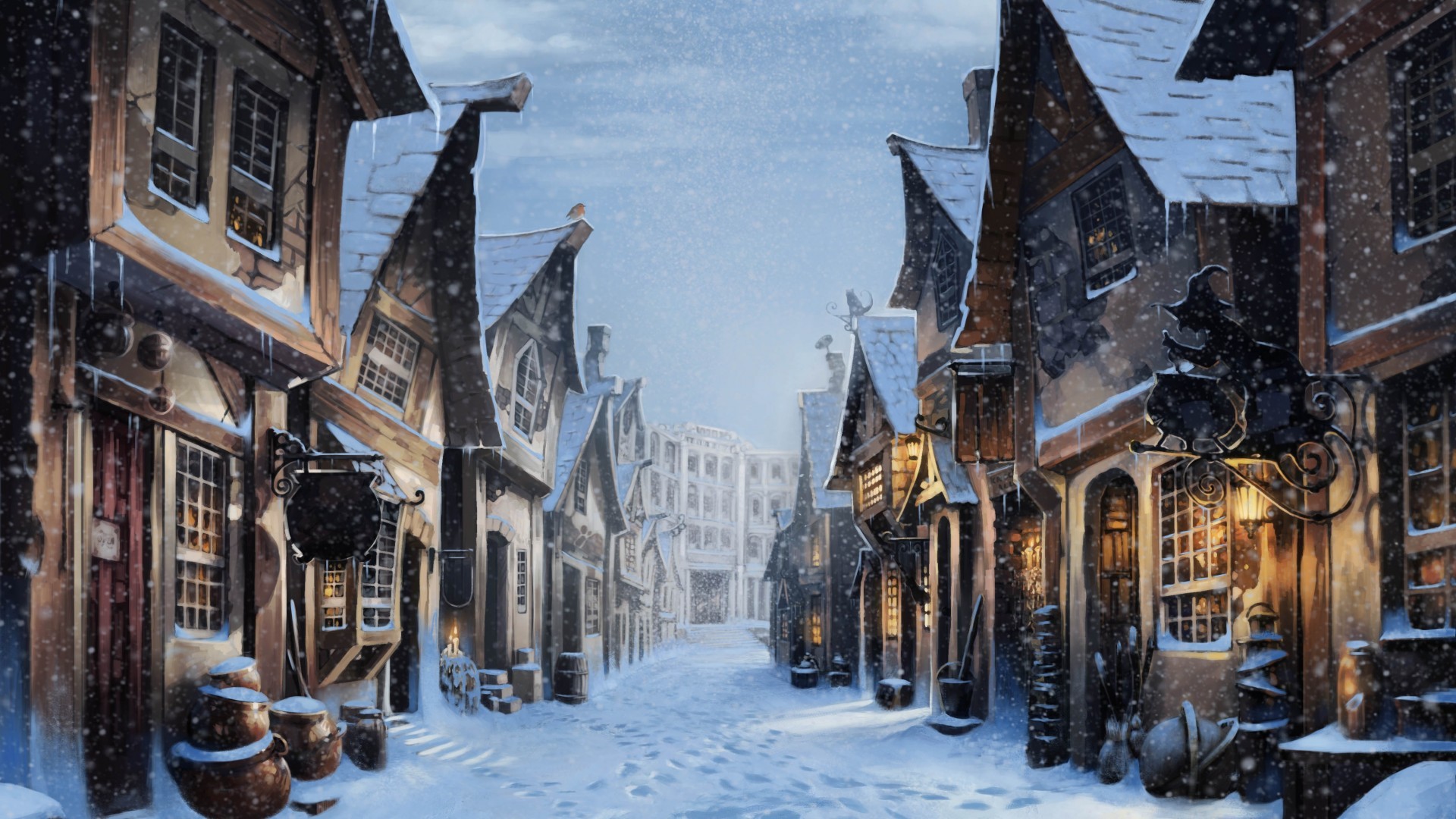 Diagon Alley, Harry Potter, Snow, Artwork - Harry Potter - HD Wallpaper 