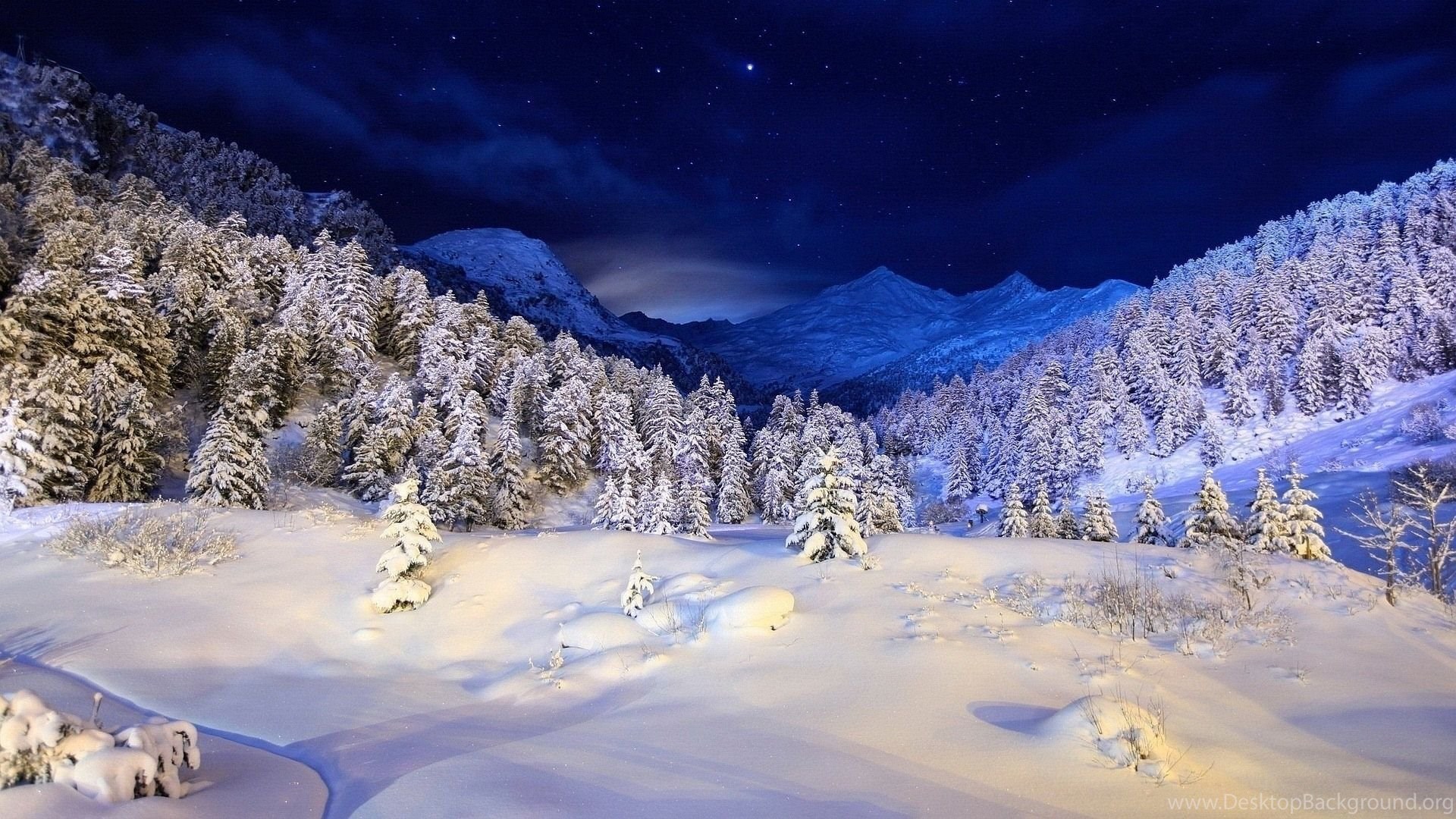 Snow Covered Mountain Winter Night Wallpapers Hd Background Mountain Winter Night Landscape 1920x1080 Wallpaper Teahub Io