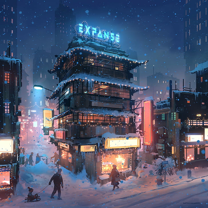 Christmas, Digital, People, Snow, Winter, Neon, Night, - Neon Winter - HD Wallpaper 