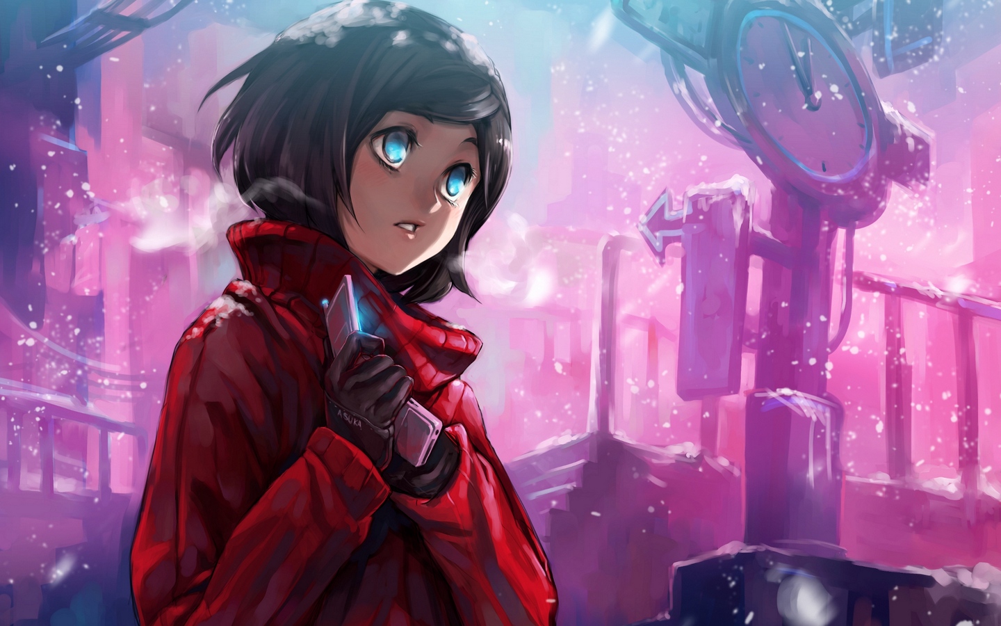 Wallpaper Girl, Winter, Snow, Phone, Cold, Street, - Anime Girl Black Hair Blue Eyes - HD Wallpaper 