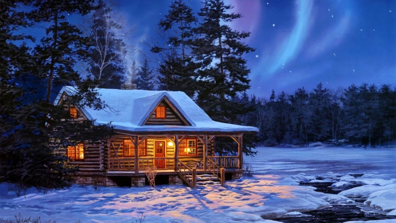 High Resolution Cool Winter Art Hd Wallpaper Id - Cabin In The Woods With  Snow - 1366x768 Wallpaper 