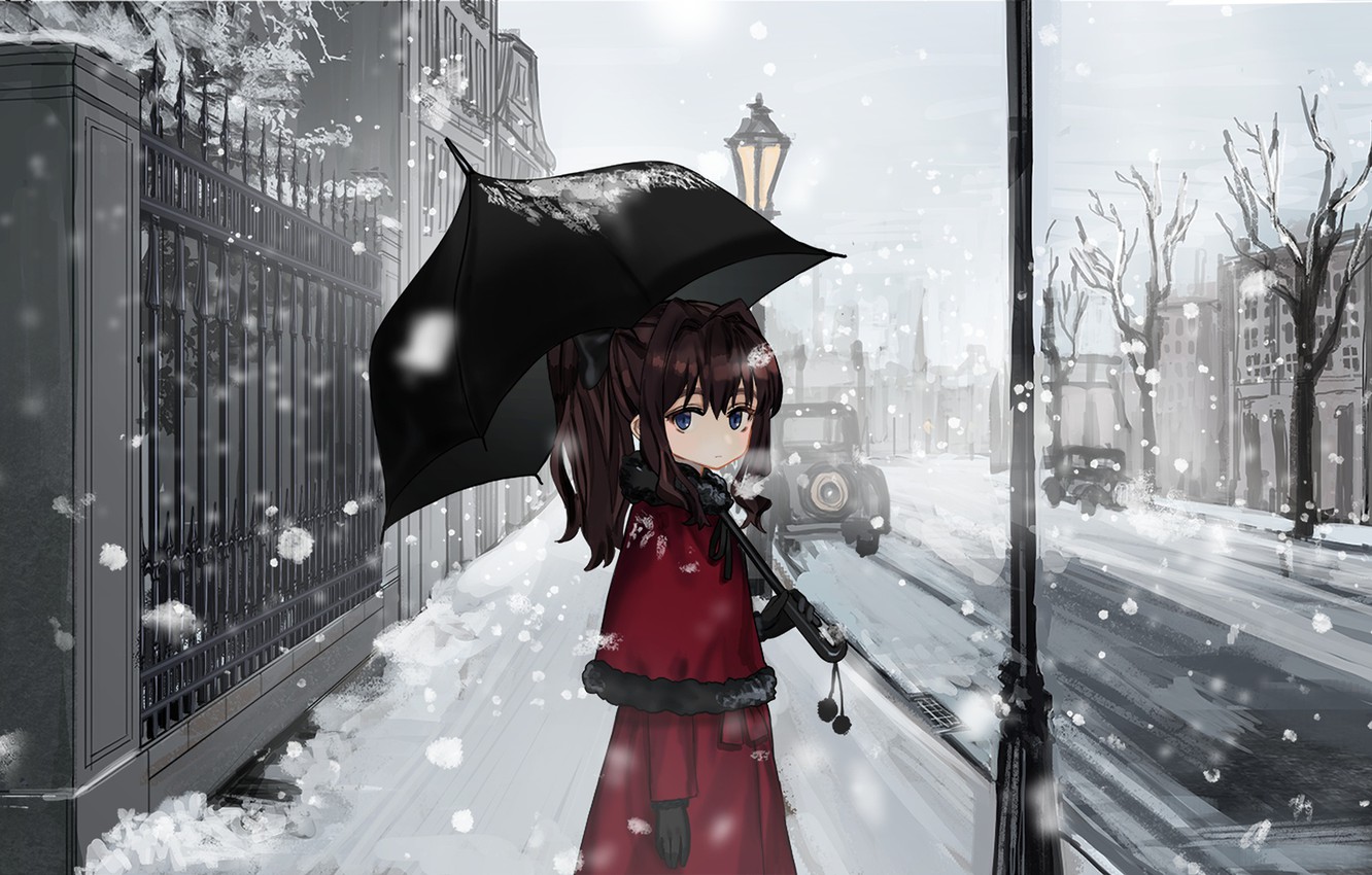 Photo Wallpaper Winter, Snow, The City, Umbrella, Girl - Anime Girl With Umbrella - HD Wallpaper 