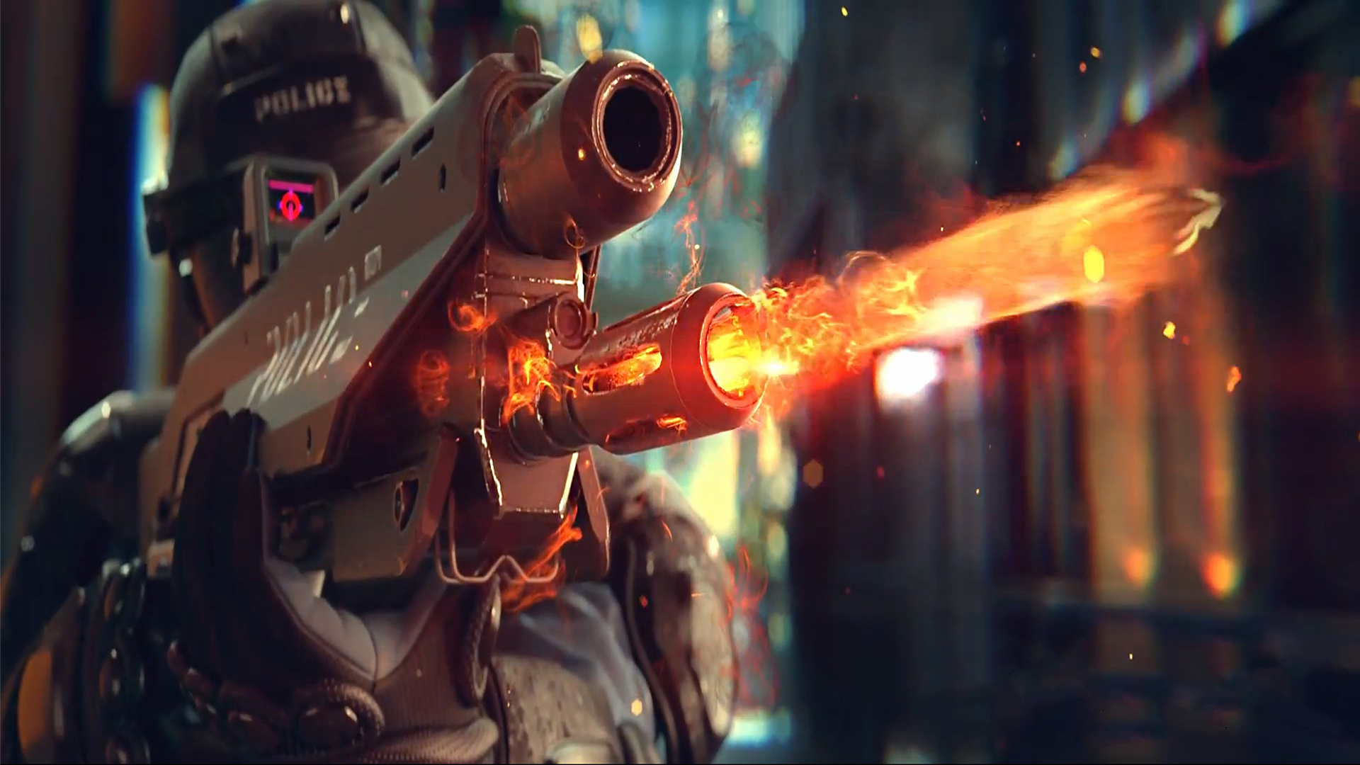 Wallpaper Cyberpunk 2077 Rifle Shooting Policeman - Cyberpunk 2077 - HD Wallpaper 