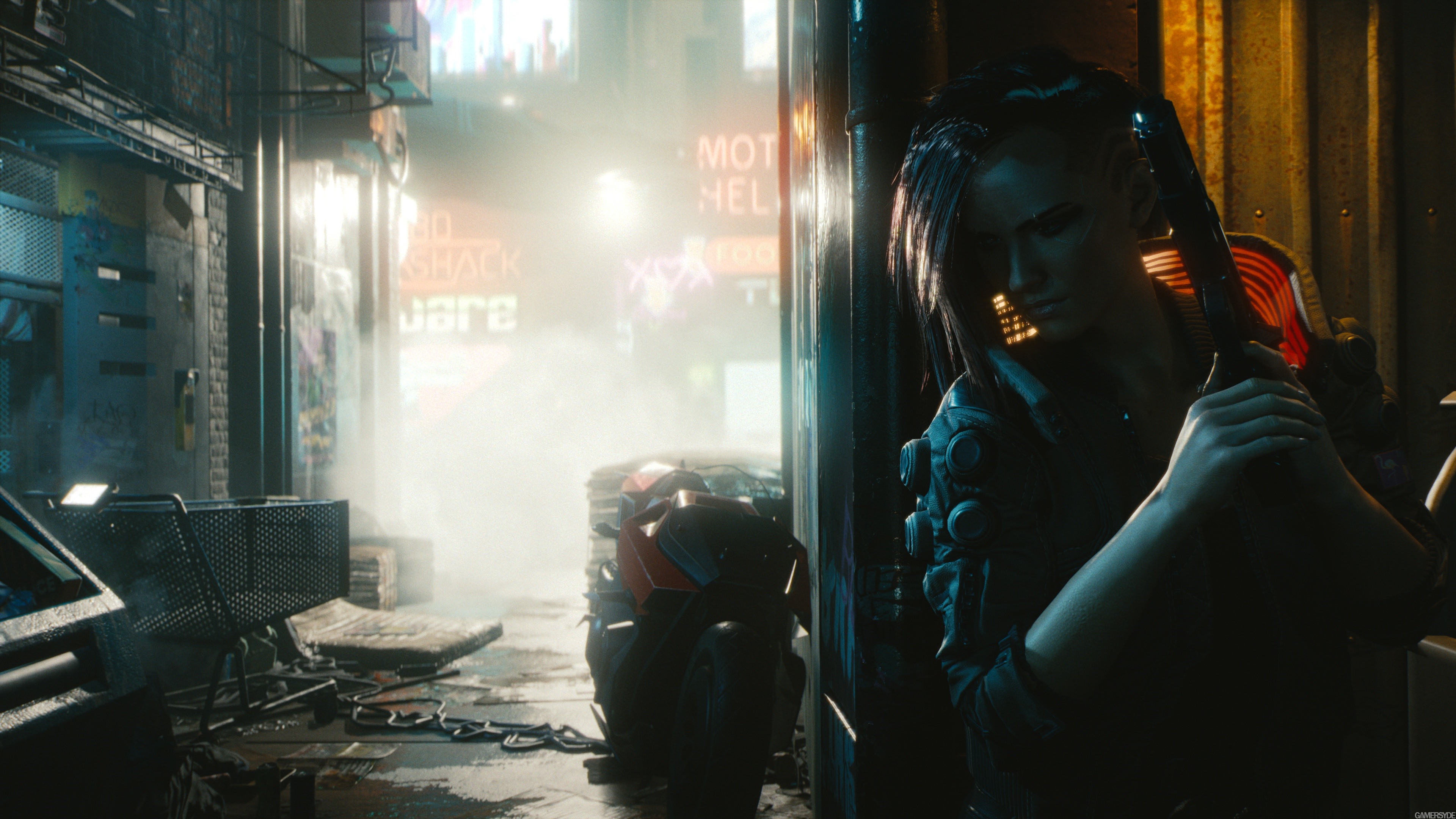 Wallpaper Cyberpunk 2077, Girl, Gun, Street - Cyberpunk 2077 Wallpaper 4k - HD Wallpaper 