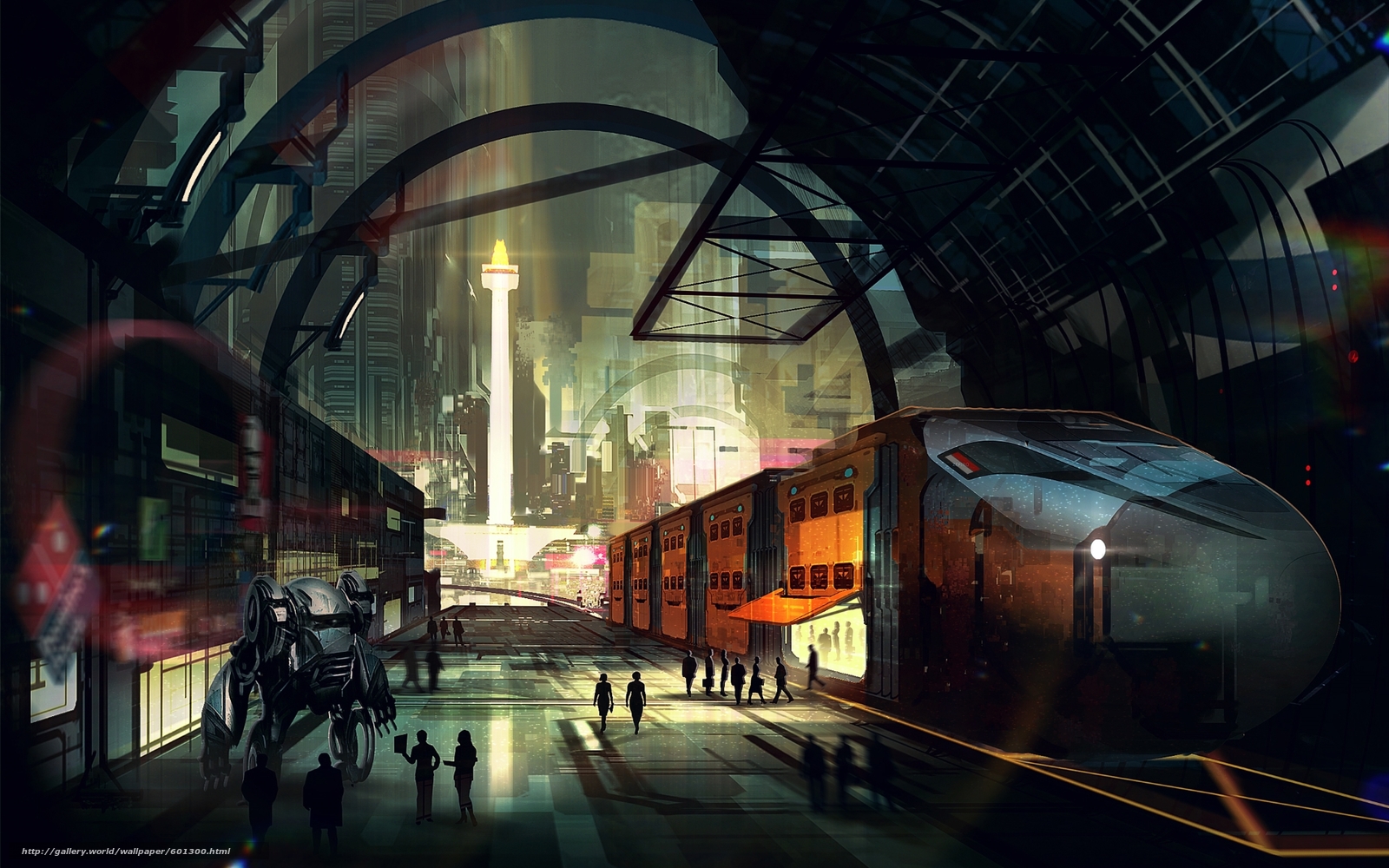 Download Wallpaper Cyberpunk, City, Train Free Desktop - Train Station Digital Art - HD Wallpaper 